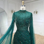 Serene Hill Customized Caramel Mermaid Beaded Cape Sleeves Evening Dresses 2024 Dubai Party Gowns for Women Wedding DLA71885A