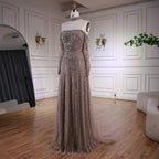 Elegant Caramel Beaded Off Shoulder Evening Dress with Long Sleeves for Formal Party Serene Hill 2025 Customized DLA73053