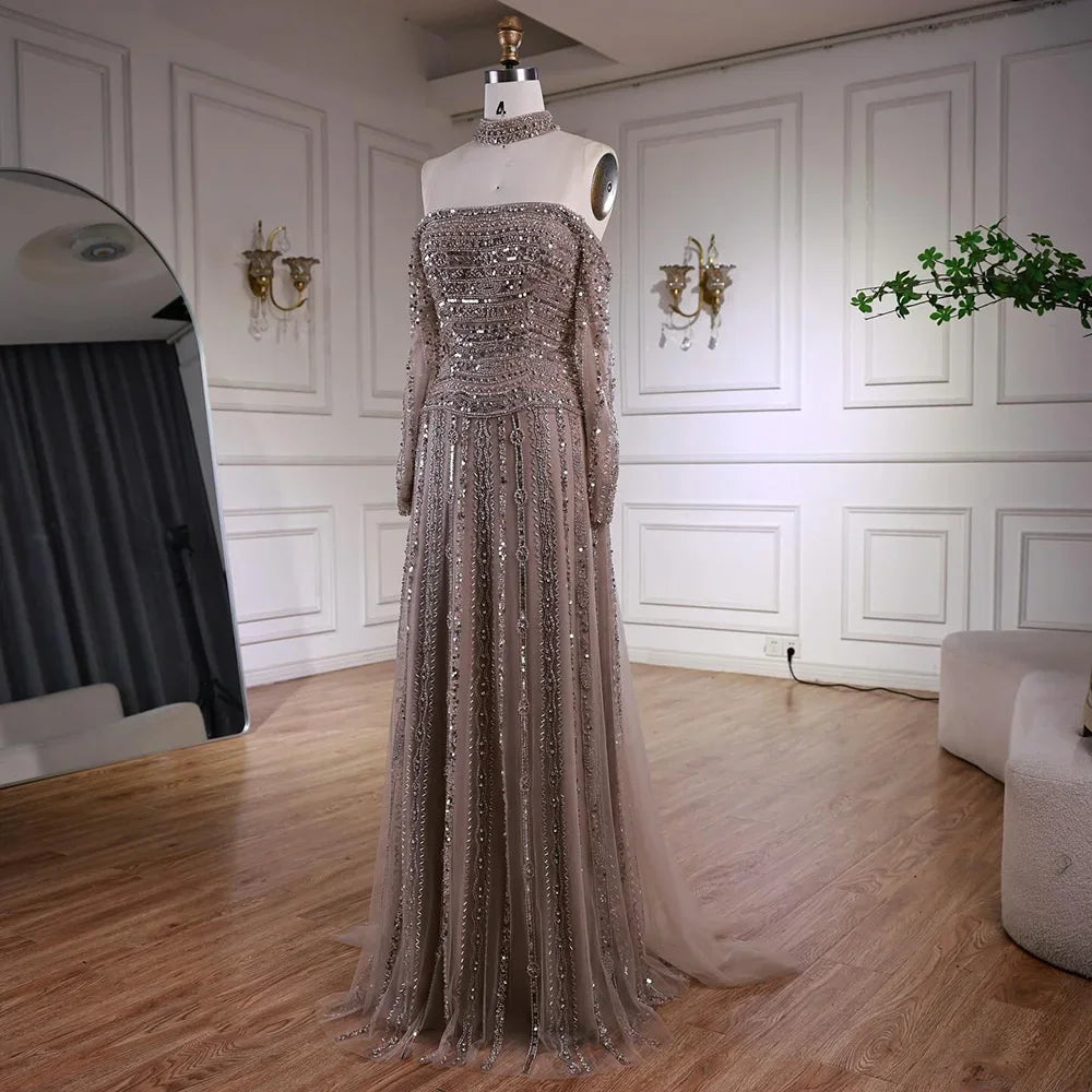 Elegant Caramel Beaded Off Shoulder Evening Dress with Long Sleeves for Formal Party Serene Hill 2025 Customized DLA73053