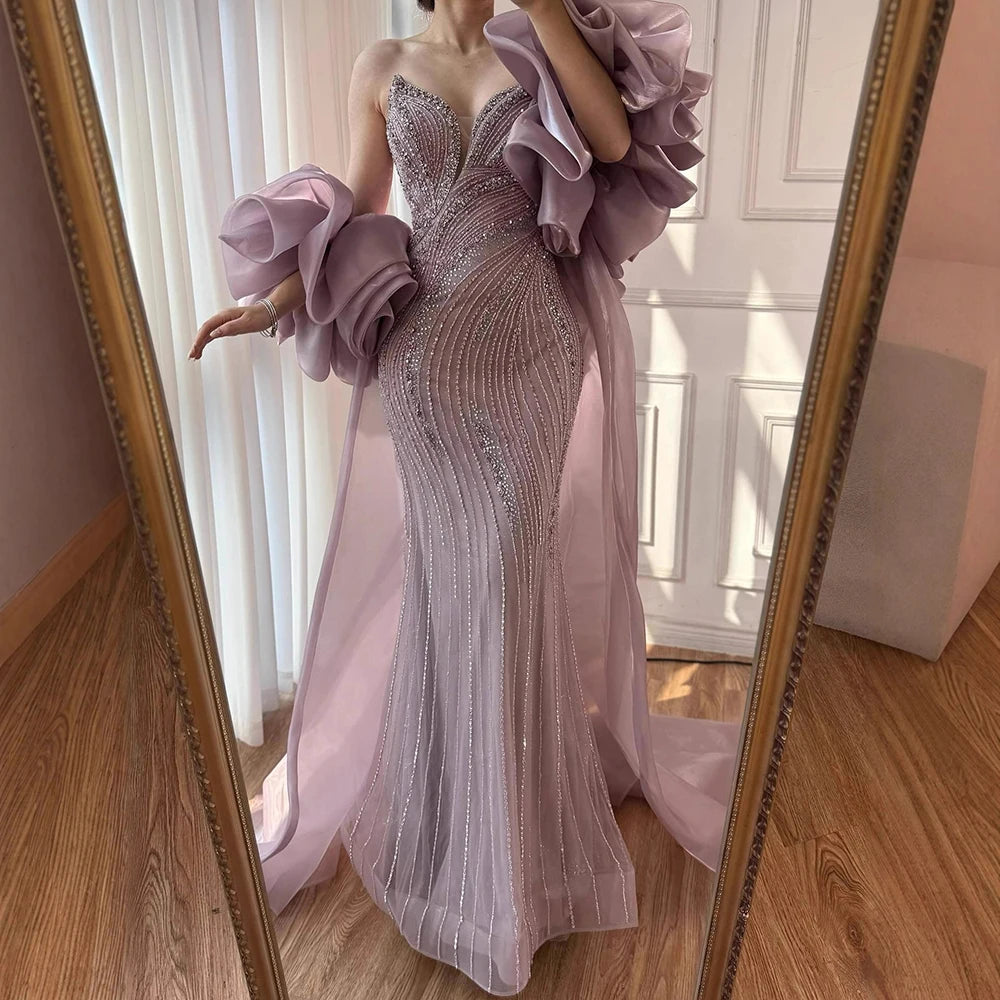 Serene Hill Pink Strapless Mermaid Beaded Evening Dresses with Cape Elegant Party Gowns for Women Customized DLA72896