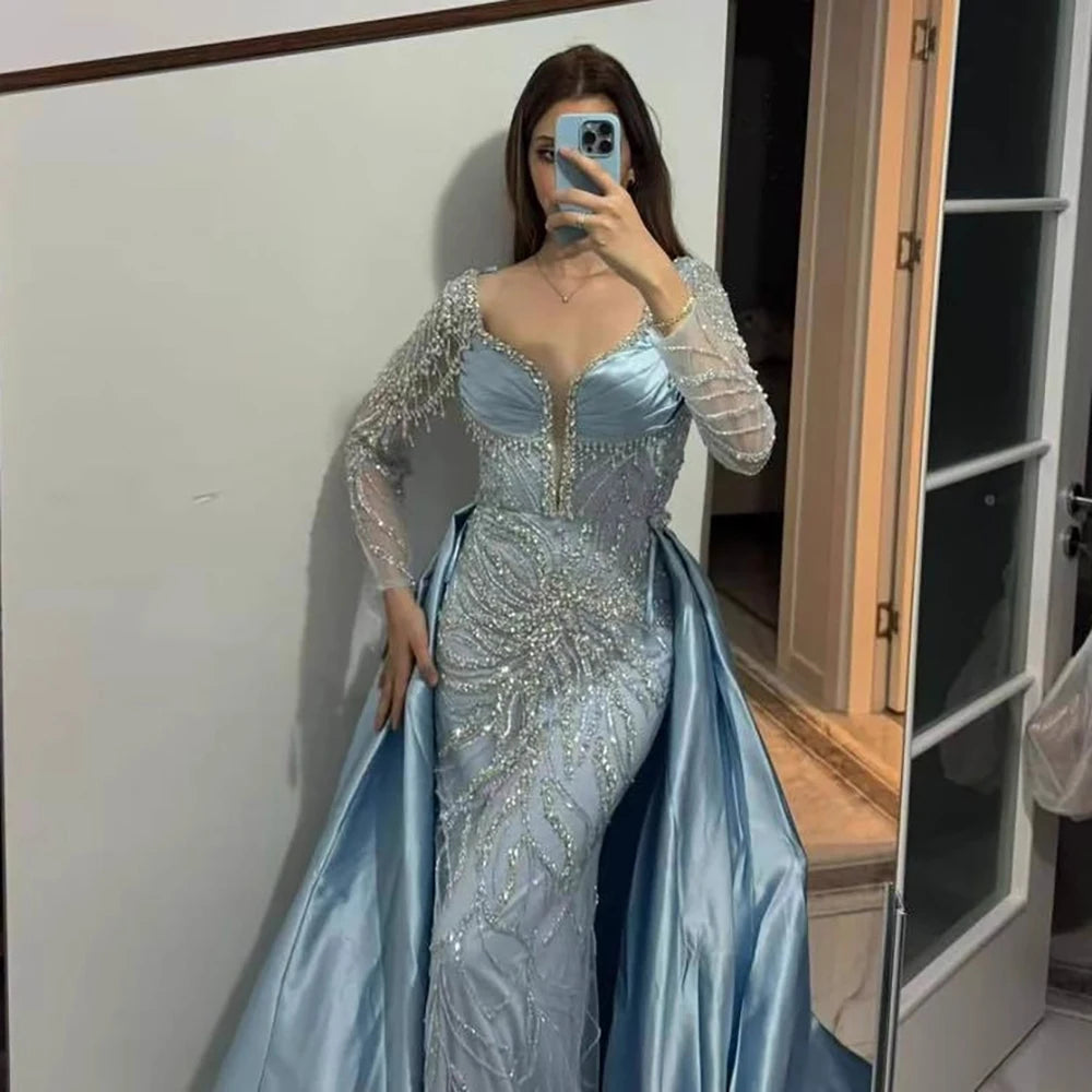 Serene Hill Customized 2026 High-end Beaded Blue Long Sleeves Evening Dress with Overskirt Satin Party Gowns for Women DLA72963