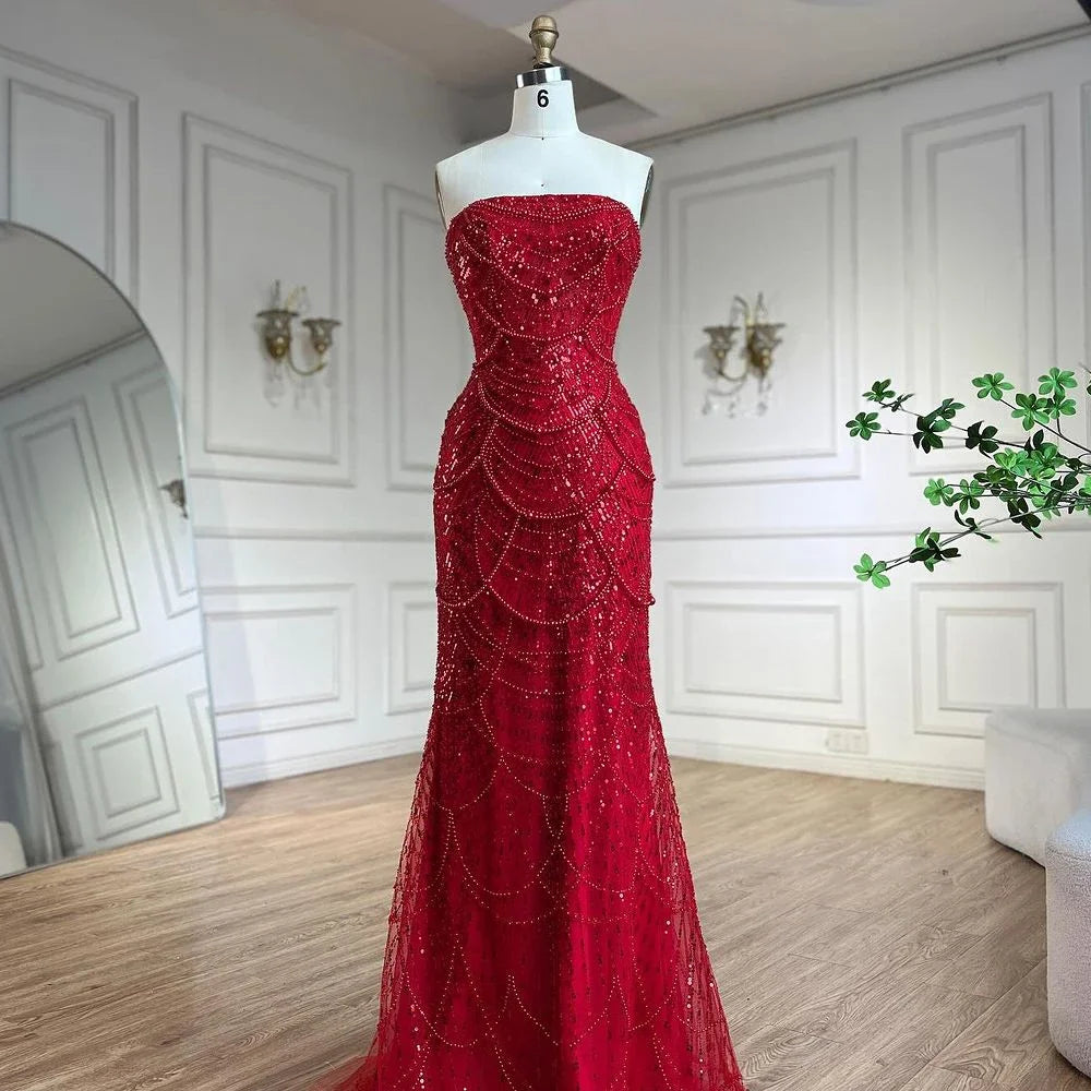 Serene Hill Red Strapless Mermaid Pearls Beaded Evening Dress with Cape Wedding Party Gowns for Women  DLA72585 Customized
