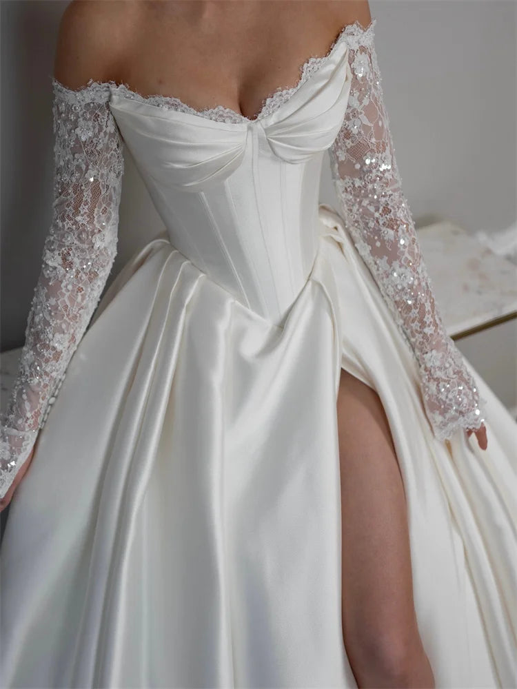 Customized Off Shoulder Long Appliques Sleeves Satin A-Line Wedding Elegant Lace-up Back Floor Length Side Slit Gown For Bride