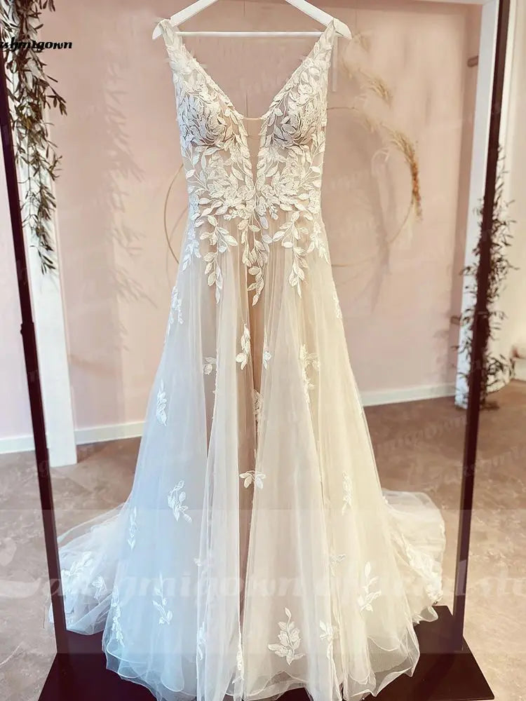 Lakshmigown V Neck Lace Appliques Wedding Dresses Customized Champagne Bridal Gowns A Line Wedding Gown Estido De Noiva Praiano
