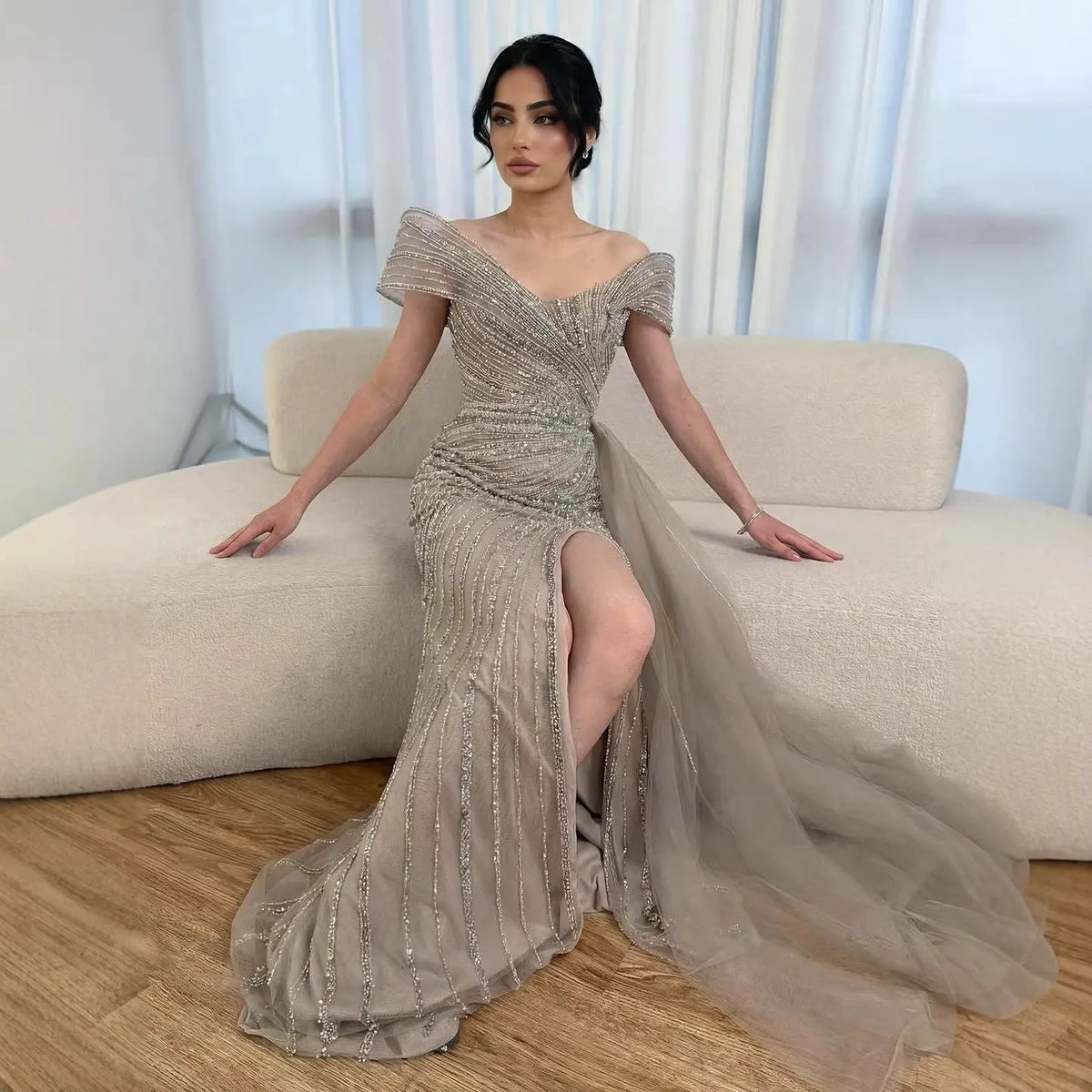 Serene Hill Elegant Off Shoulder Mermaid Beaded Party Dress Luxury Split Open Evening Gown with Side Train Customized DLA72400