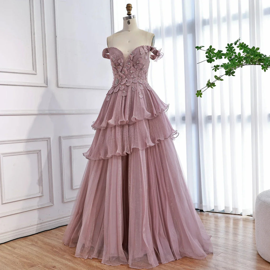 Abito da sera a linea A con balze sognanti, perline e colore rosa lusso LA73385