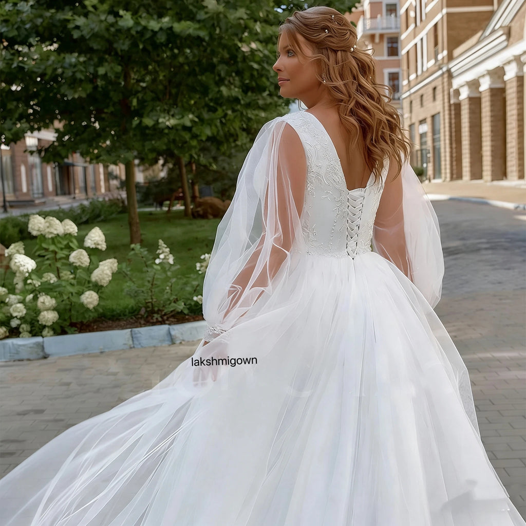 Lakshmigown Plus Size Long Wedding Dress Puff Sleeves V Neck Sweep Train A Line Tulle Robe De Mariage Bridal Dress Customized