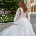 Lakshmigown Plus Size Long Wedding Dress Puff Sleeves V Neck Sweep Train A Line Tulle Robe De Mariage Bridal Dress Customized