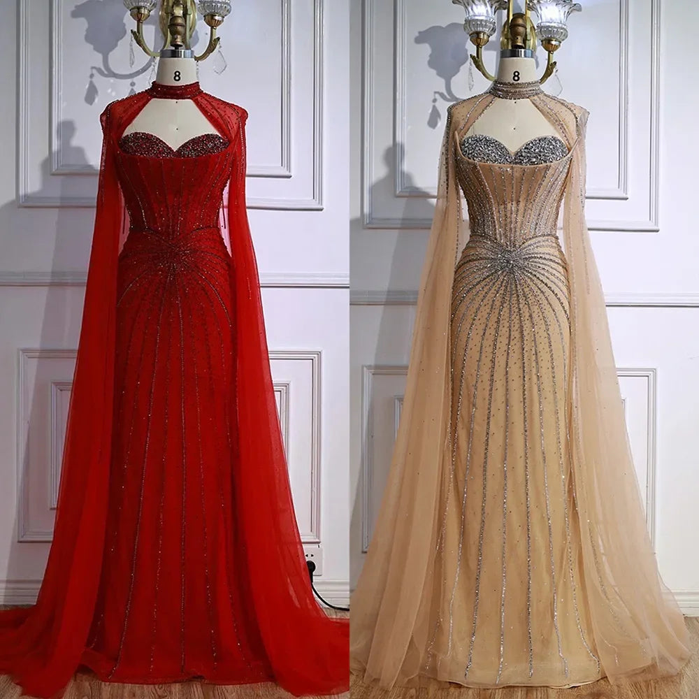 Luxury Nude Elegant Evening Gown Beaded Dress with Cape Sleeves for Formal Party Wear Serene Hill DLA72811A Customized