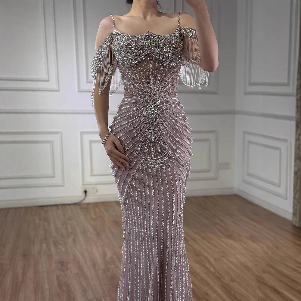 Serene Hill 2025 Customized Pink Off Shoulder Mermaid Evening Dress Luxury Beaded Party Gowns for Women DLA73148
