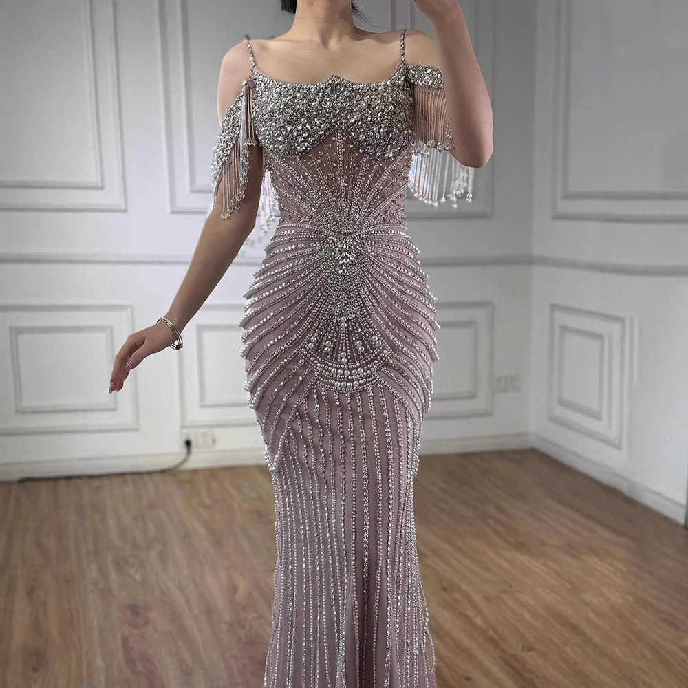 Serene Hill 2025 Customized Pink Off Shoulder Mermaid Evening Dress Luxury Beaded Party Gowns for Women DLA73148