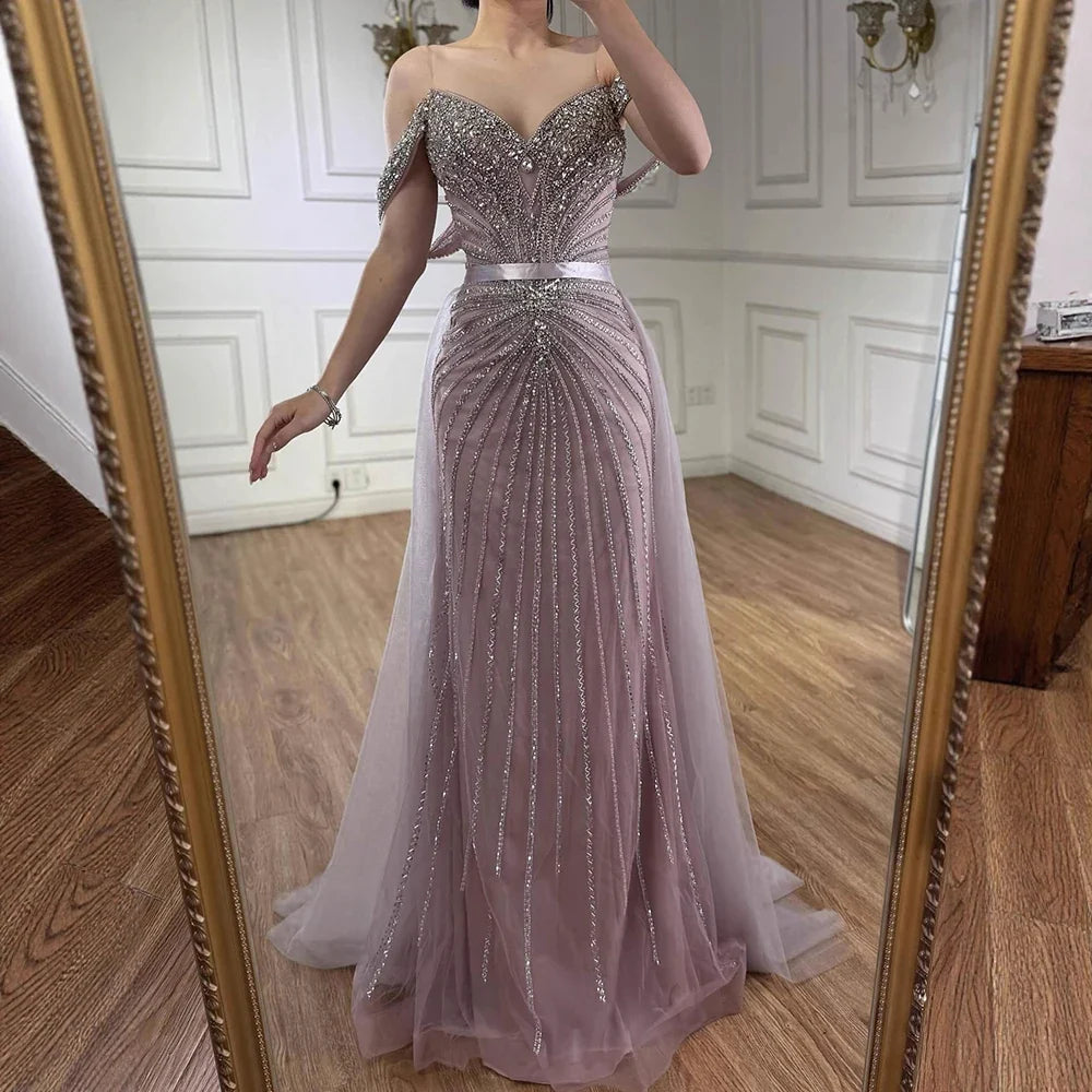 2026 Nude Luxury Beaded Mermaid Off Shoulder Evening Dress Formal Party Gowns for Women Customized | Nightbubo