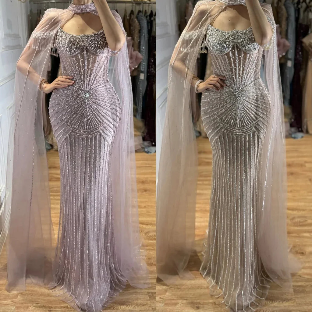 Serene Hill 2026 Pearl Beaded Mermaid Caramel Evening Dresses Elegant Formal Party Gown with Sheer Cape Customized DLA73148C