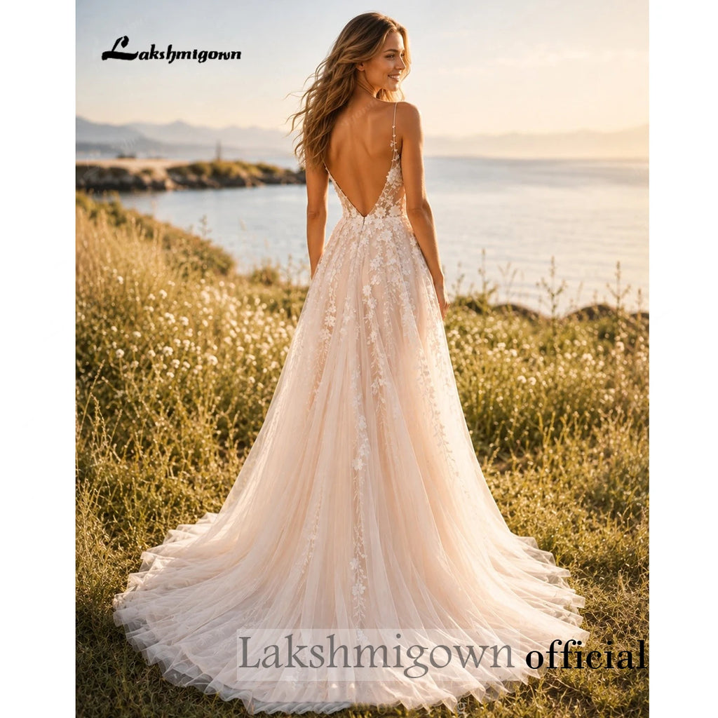 Lakshmigown Champagne Boho Wedding Dress Spaghetti Straps Deep V Neck Flower Lace Tulle A Line Bridal Gown For Beach Customized