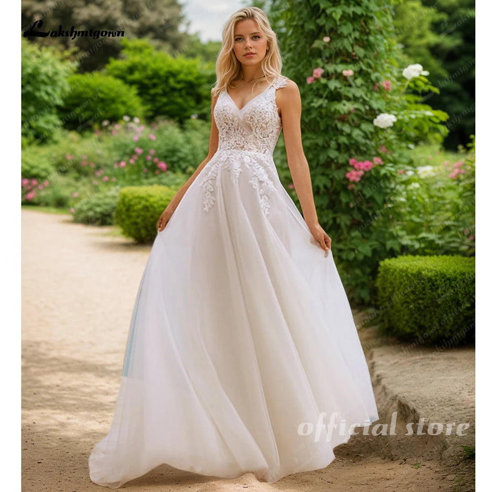 Lakshmigown Tulle A-line Spaghetti Straps Wedding Dress Classic Button Back Off the Shoulder V-neck Tulle Bridal Dres Customized