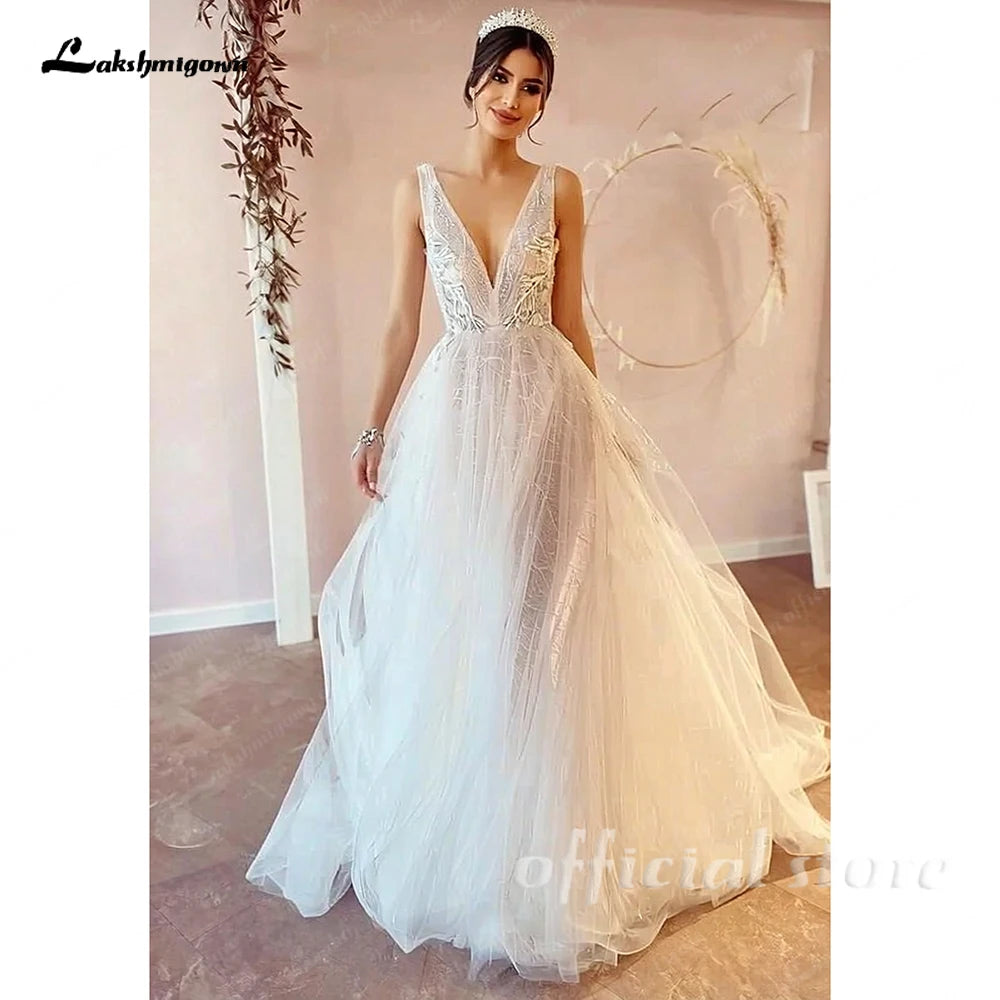 Lakshmigown Deep V-neck Tulle Wedding Dress Vintage Champagne Beach Wedding Dress Summer 2027 Vestido De Boda Civil  Customized