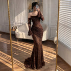 Serene Hill Brown Lace Evening Gown Elegant Mermaid Ruched Slim Fit Party Dress for Women DLA73484 Customized