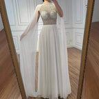 Serene Hill White Chiffon A-line Evening Dress with Cape Sleeves Simple Wedding Party Gowns for Bridesmaid Customized DLA73144