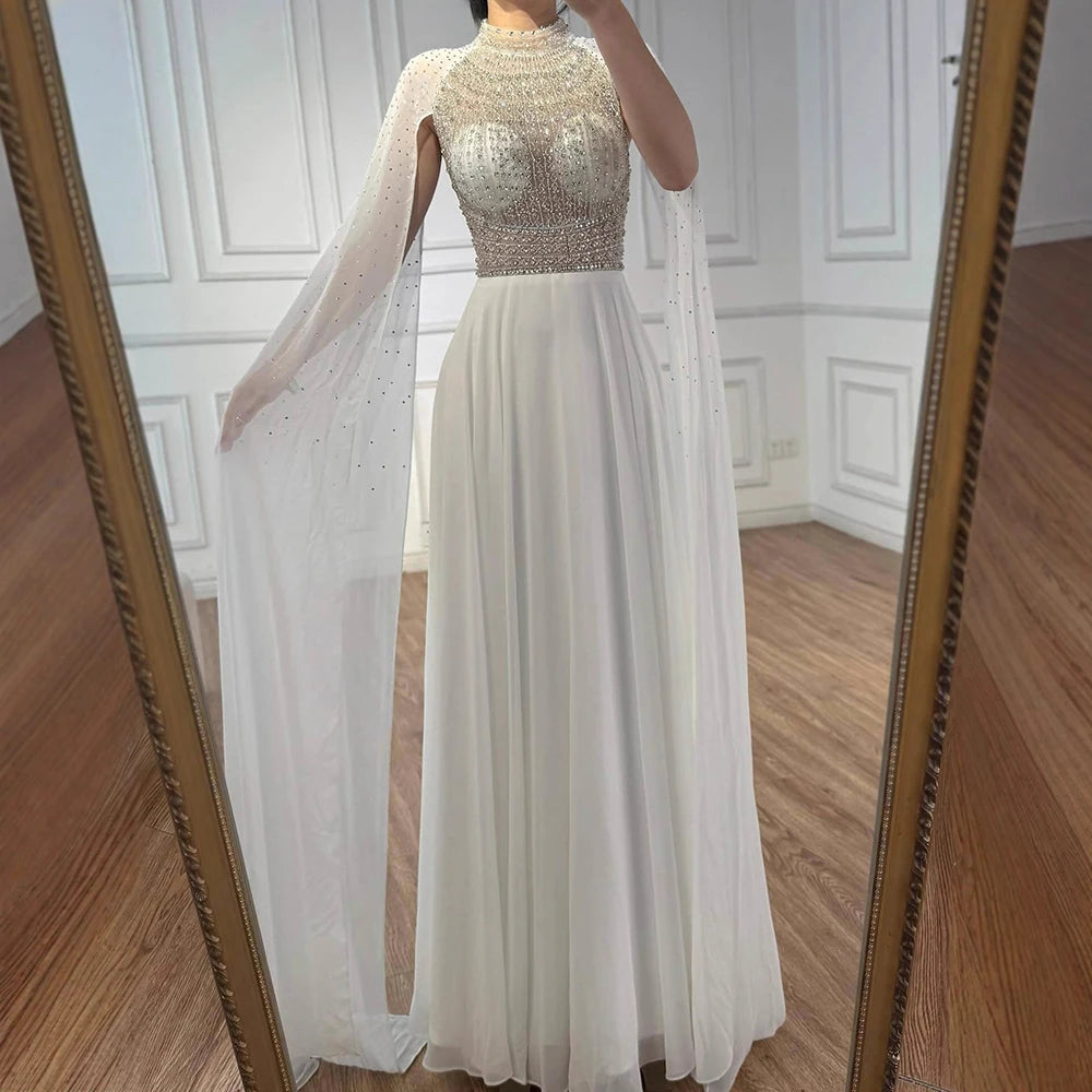 Serene Hill White Chiffon A-line Evening Dress with Cape Sleeves Simple Wedding Party Gowns for Bridesmaid Customized DLA73144