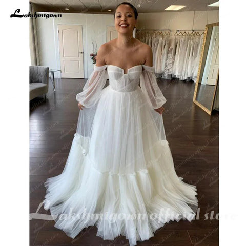 NumberSea Schulterfreies Brautkleid mit langen Ärmeln für Frauen 2025 Robe Longue Pleat Soft Tulle Brautkleider 