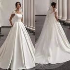 Lakshmigown Satin Wedding Dress Bridal Skirt Lady A-Line Trailing Applique Short Sleeves Vestidos Para Mujer Customized