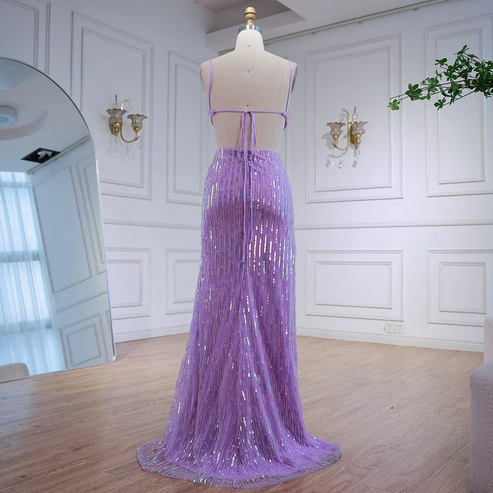 Abito da Sera con Scollo e Vita Traforata in Paillettes Lussuose Viola LA73000