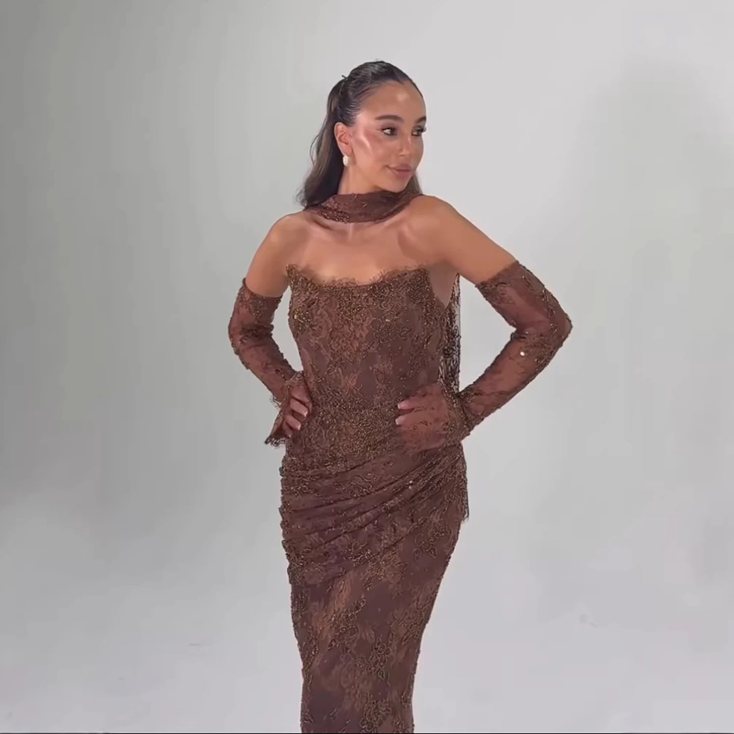 Serene Hill Brown Lace Evening Gown Elegant Mermaid Ruched Slim Fit Party Dress for Women DLA73484 Customized