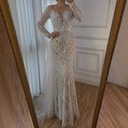 Serene Hill White Nude Long Sleeves Mermaid Pearls Beaded Evening Dress with Train Wedding Party Gowns DLA72634A Customized