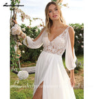 Lakshmigown Illusion Beach Wedding Dress Side Split Off Shoulder Long Sleeve Bridal Gown for Women Summer VestidoCustomized