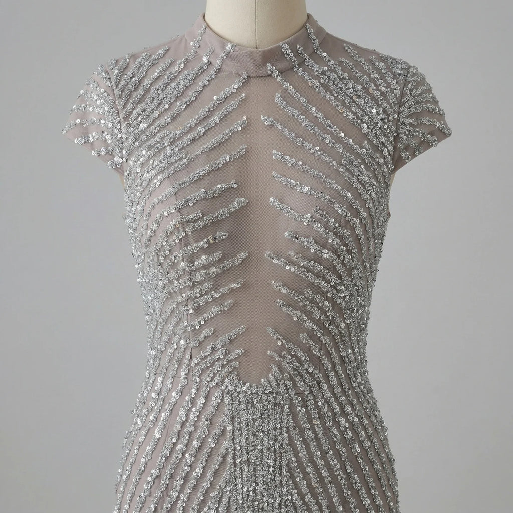 Serene Hill Silver 2026 High Neck Cap Sleeve Mermaid Evening Dress Luxury Beaded Party Gowns Vestidos Customized DLA73221