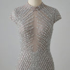 Serene Hill Silver 2026 High Neck Cap Sleeve Mermaid Evening Dress Luxury Beaded Party Gowns Vestidos Customized DLA73221