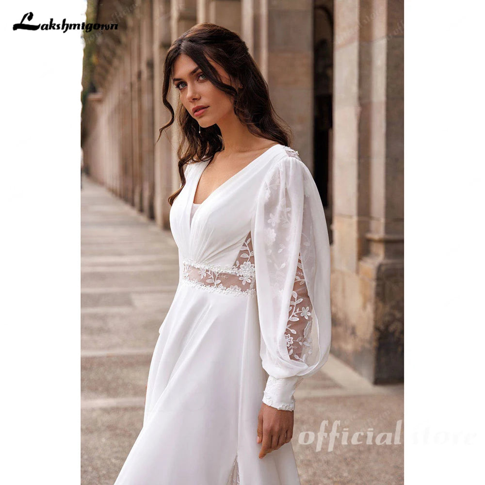 Lakshmigown Summer Chiffon Wedding Dress 2026 Puff Sleeves Lace Split A Line Sweep Train Woman Bridal Gown Boho Customized