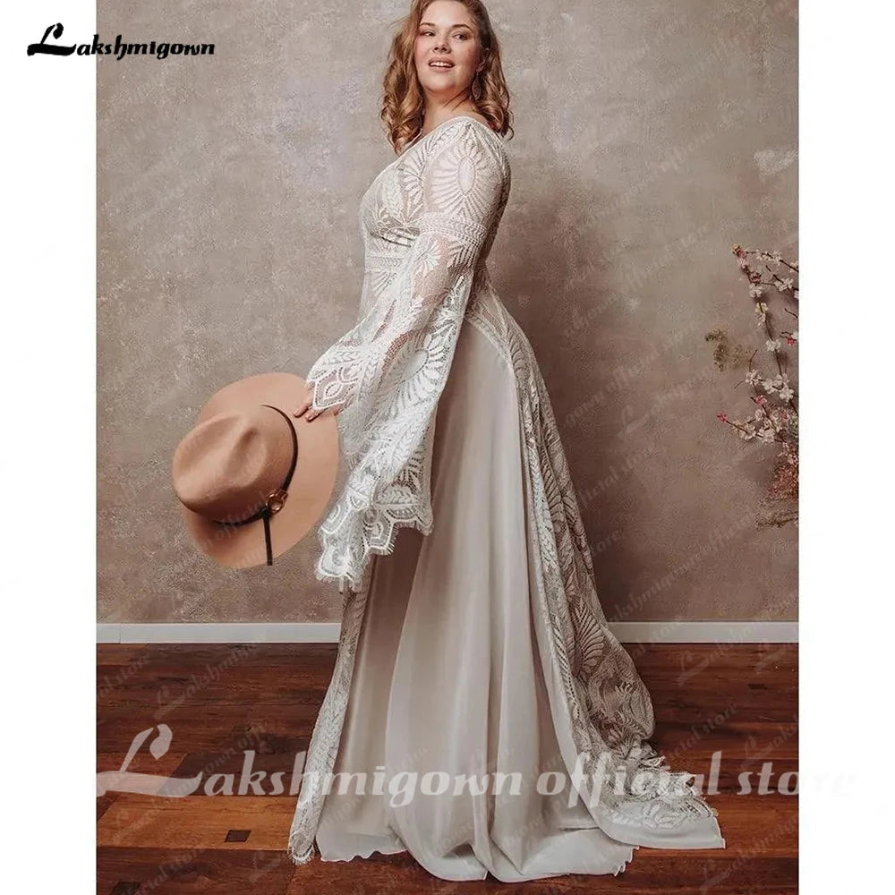 Lakshmigown Bohemian Boho Wedding Dress Lace Chiffon Long Sleeve Open Back V Neck Plus Size Vestidos De Novia Customized