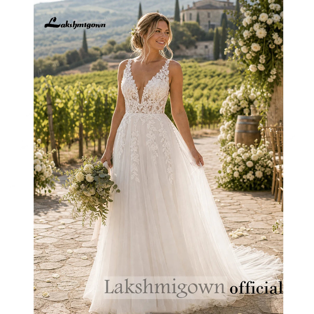Lakshmigown Sexy Boho Country Tulle Illusion Wedding Dress Deep V‑Neck Sleeveless Lace Appliques Tulle Bridal Gown Customized