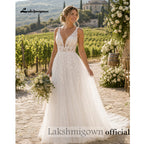 Lakshmigown Sexy Boho Country Tulle Illusion Wedding Dress Deep V‑Neck Sleeveless Lace Appliques Tulle Bridal Gown Customized