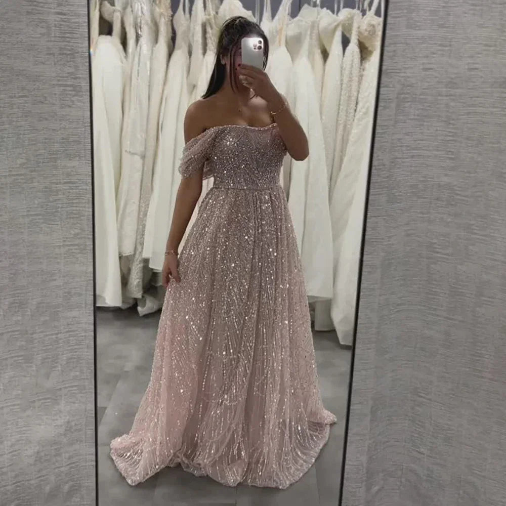 Serene Hill 2025 Customized Dubai Olive Green A Line Off Shoulder Evening Dresses With Pearl Beaded Design For Party DLA72738A