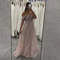 Serene Hill 2025 Customized Dubai Olive Green A Line Off Shoulder Evening Dresses With Pearl Beaded Design For Party DLA72738A