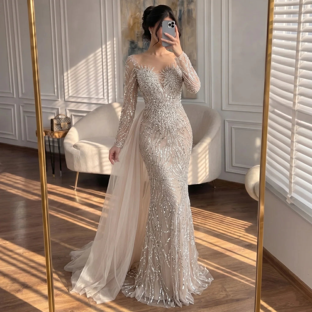 Serene Hill White Nude Long Sleeves Mermaid Pearls Beaded Evening Dress with Train Wedding Party Gowns DLA72634A Customized