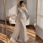 Serene Hill White Nude Long Sleeves Mermaid Pearls Beaded Evening Dress with Train Wedding Party Gowns DLA72634A Customized