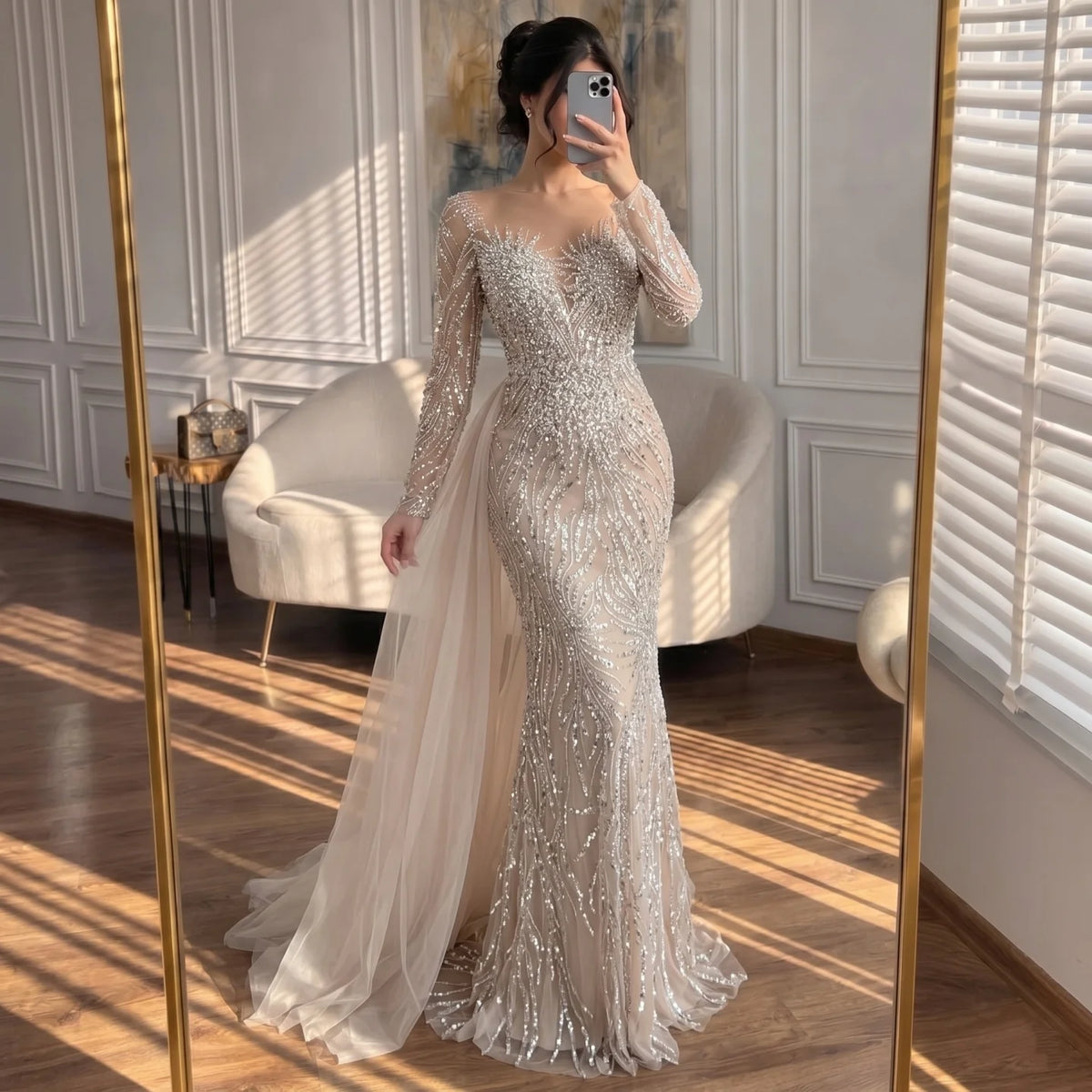 Serene Hill White Nude Long Sleeves Mermaid Pearls Beaded Evening Dress with Train Wedding Party Gowns DLA72634A Customized