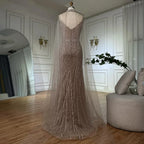 Serene Hill 2025 Customized Dubai Caramel Mermaid Arabic Evening Dresses with Beaded Cape Sleeves for Party DLA72852