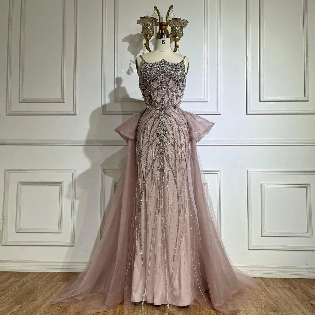 Serene Hill Pink Spaghetti Strap Mermaid Beaded Evening Dresses with Overskirt Formal Party Gowns for Women DLA72810 Customized
