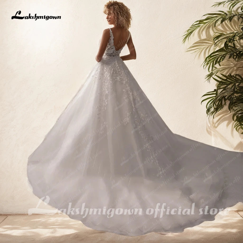 Lakshmigown V Neck Sleeveless Wedding Dresses For Women Beads A Line Ivory Lace Romantic Bride Boho Bridal Gown Customized