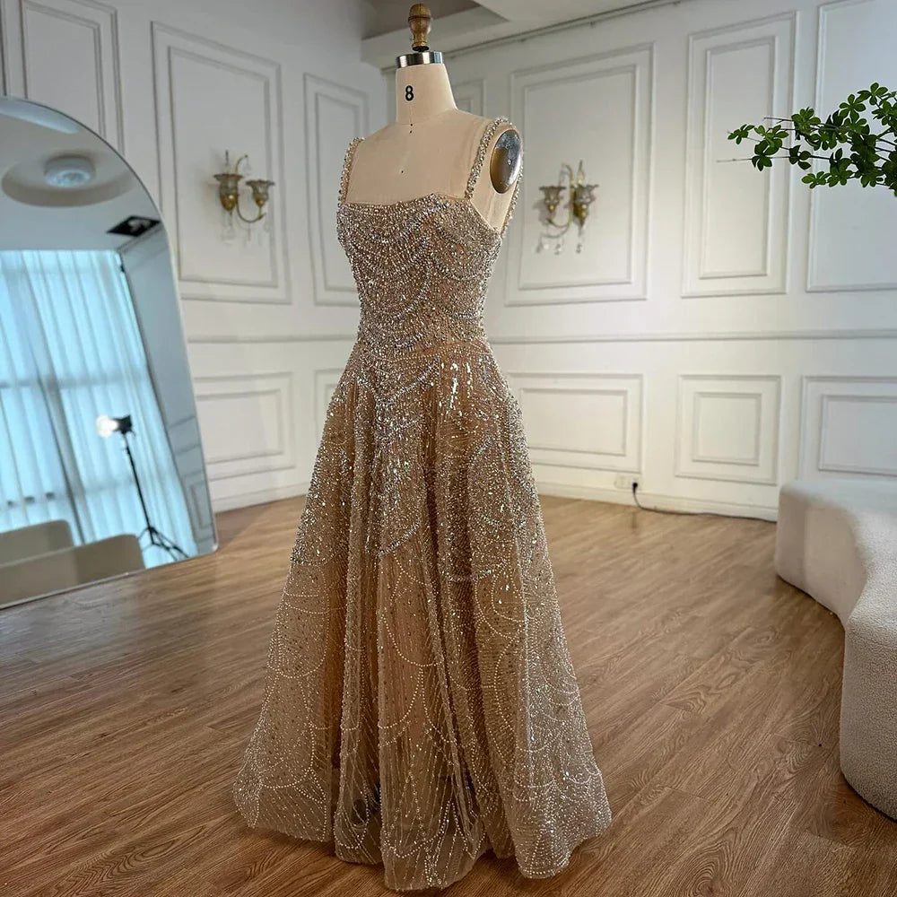 Abito da sera lussuoso color nude a linea A con perle e cristalli LA72983A