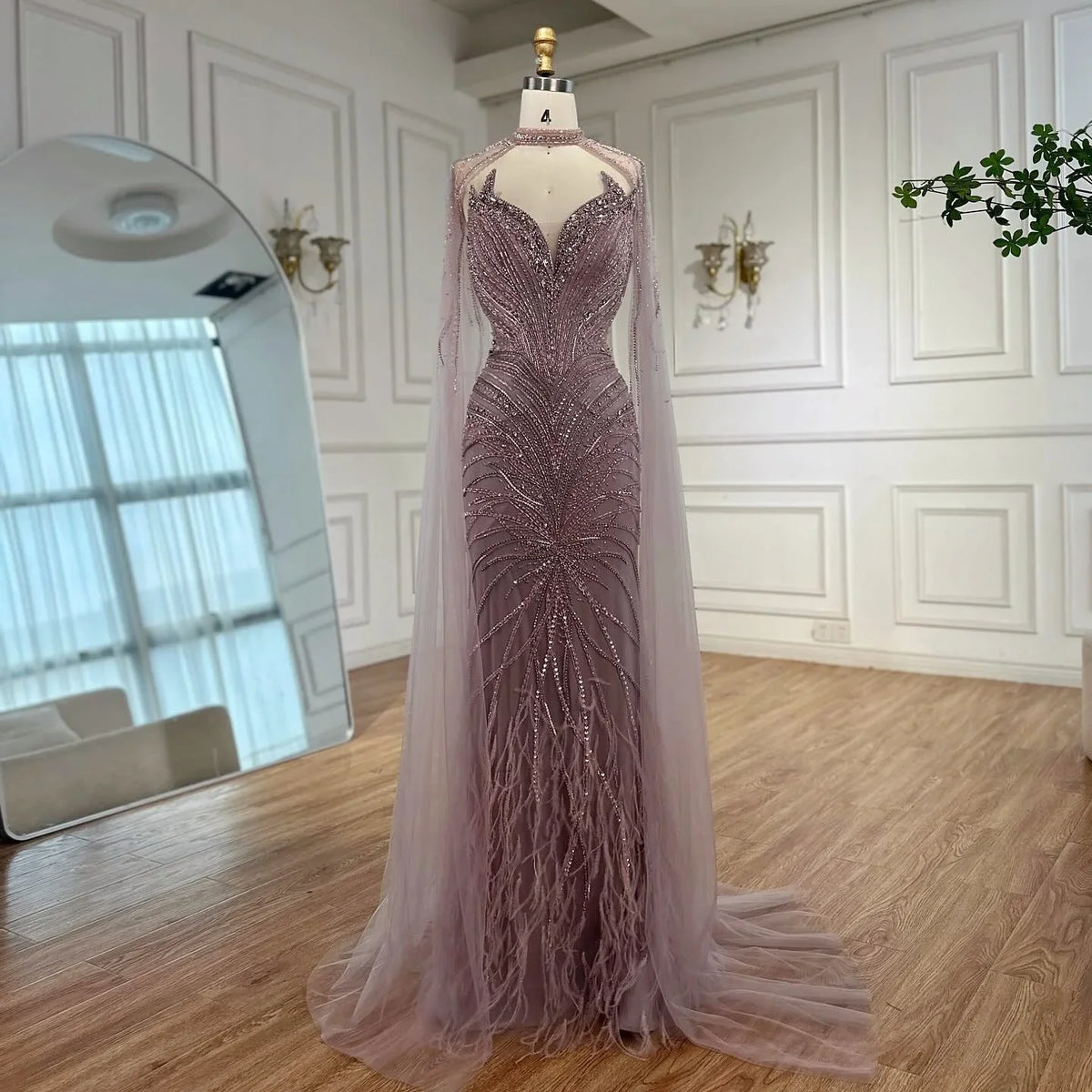 White Nude Mermaid Evening Dresses with Cape Beaded Feathers Party Gowns for Formal Occasion Customized | Nightbubo