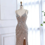 Robe de soirée sirène luxueuse en perles couleur nude avec fente haute LA73340