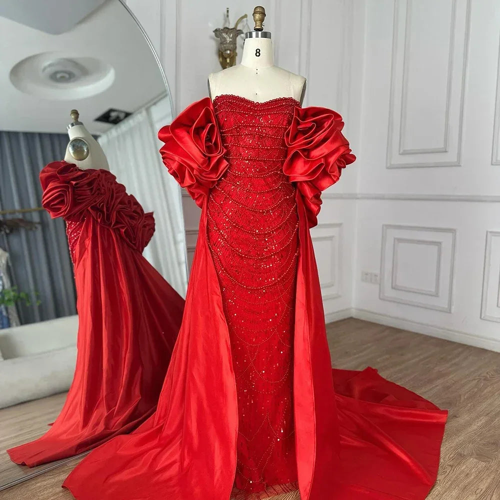 Serene Hill Red Strapless Mermaid Pearls Beaded Evening Dresses with Long Cape Wedding Party Gowns 2025 DLA72585A Customized