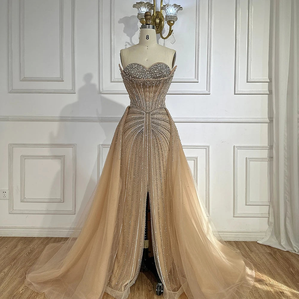 Serene Hill Customized 2025 Pink Crystal Beaded Saudi Mermaid Evening Dresses Gowns with Overskirt for Formal Occasion DLA72811