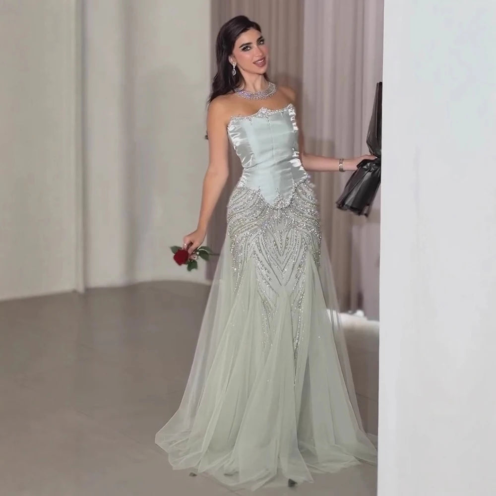 Serene Hill Luxury Sage Green Mermaid Evening Dress with Cape 2026 Elegant Beaded Party Gowns for Women DLA73201 Customized