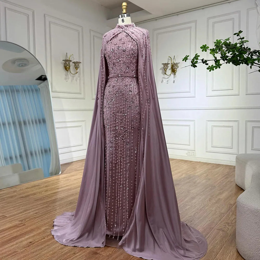 Serene Hill Pink Long Sleeves High Neck Muslim Mermaid Beaded Evening Party Gown Dress with Cape for Women DLA72533 Customized